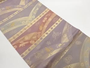 横段・曲線に和楽器・花々模様織出し名古屋帯